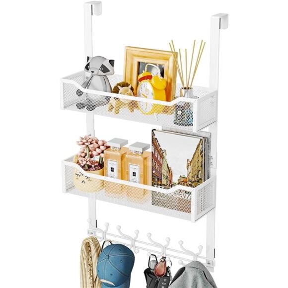 Over The Door Hooks Organizer 16 Hooks 2 Mesh Baskets Towel Coat Clothes Rack - Picture 1 of 8